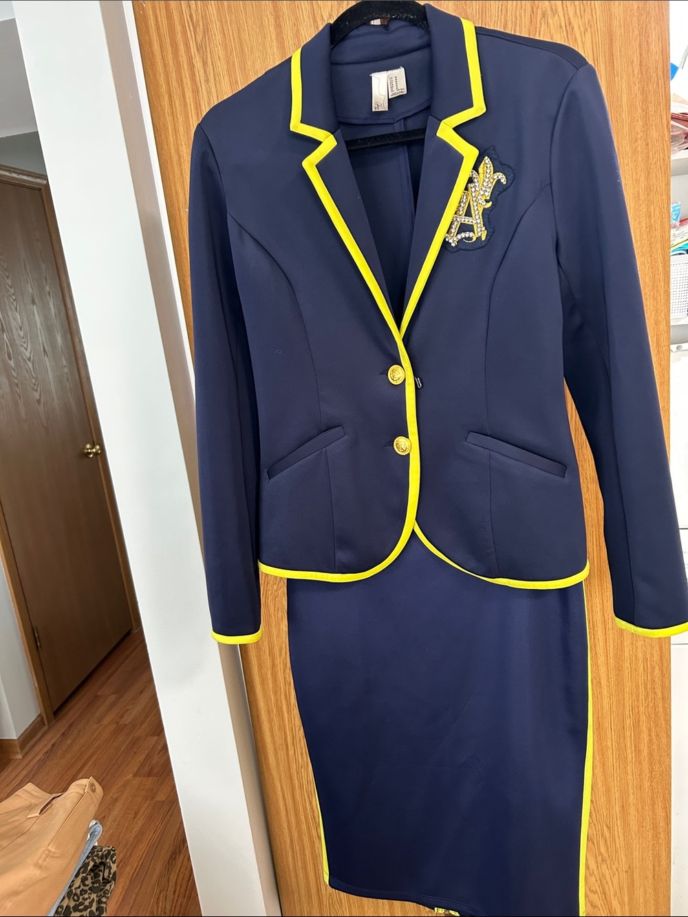 Forever 21 Navy Blazer and Skirt Set with Yellow Trim